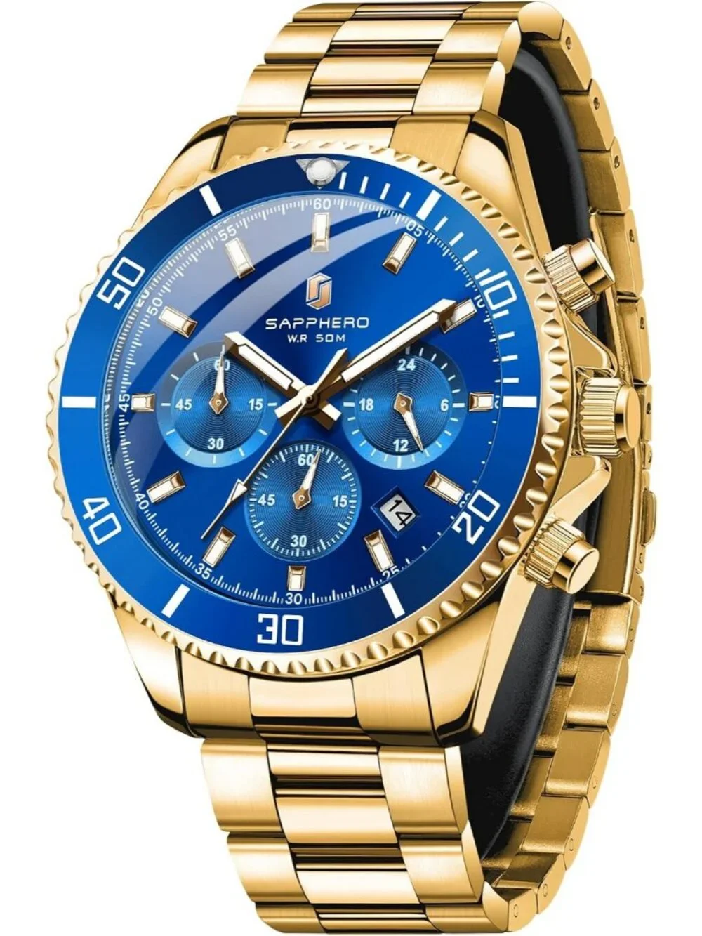 Men's Gold Strap Blue Face Chronograph Stainless Steel Waterproof Wrist Watch